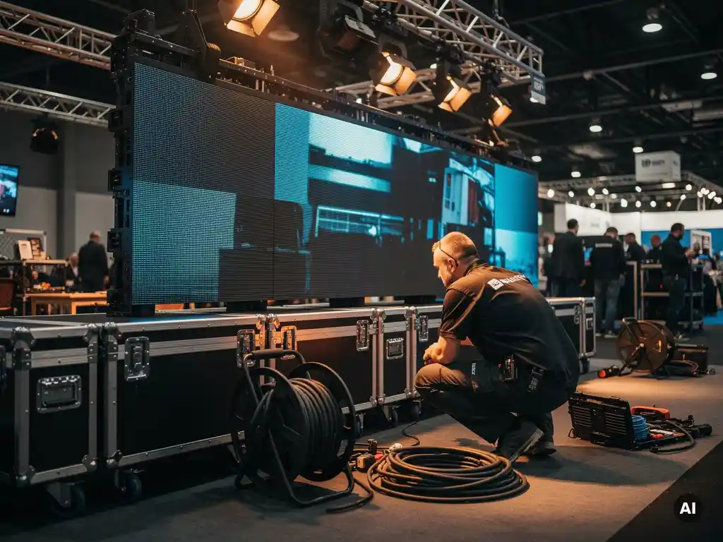 AV-Techniker kauert beim Aufbau einer LED-Videowand auf einem Messegelände, umgeben von Flightcases und Kabelrollen.
