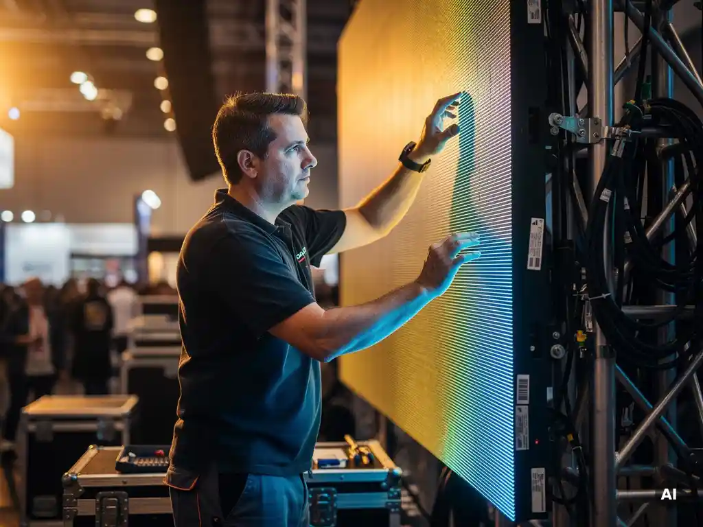 Techniker in dunklem Shirt justiert LED-Videowand auf Messe, Kabel und Bühnentechnik im Hintergrund, warmes Bühnenlicht.