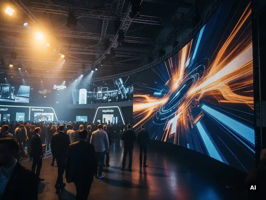 Geschwungene LED-Wand mit lebendigen Motion Graphics auf einer belebten Messe, Besucher vor beleuchteten Markendisplays in blau-goldenem Licht.
