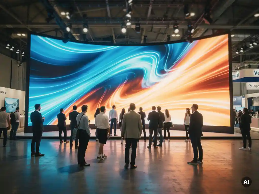Gebogene LED-Wand mit lebhaften Motion Graphics zieht Besucher auf einer Messe an, Betonboden spiegelt blaues und bernsteinfarbenes Licht.