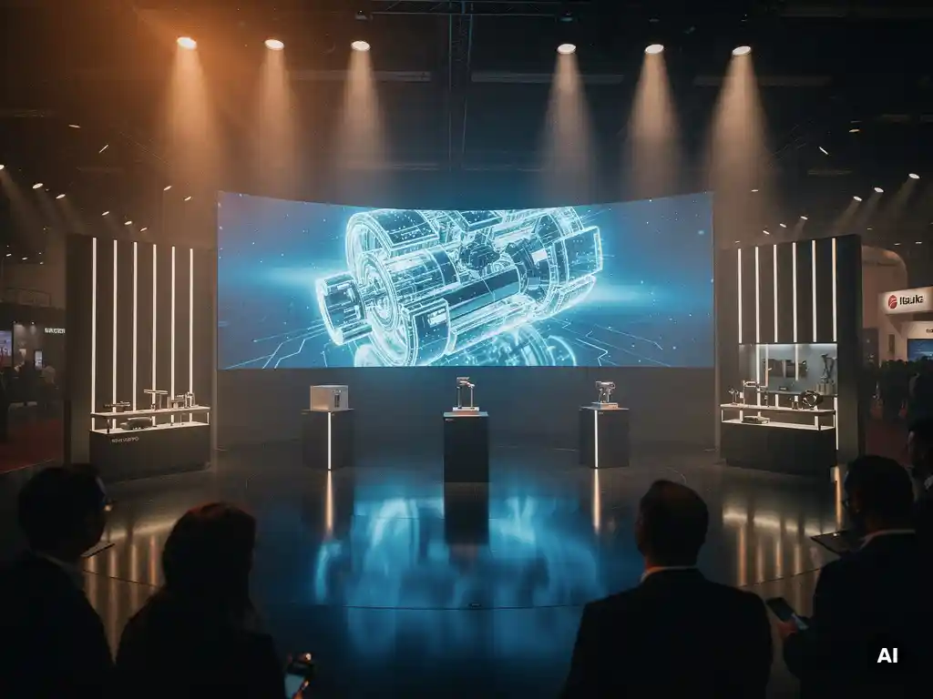 Geschwungene LED-Wand mit Produktvisualisierung in elektrischem Blau und Bernstein auf einem stilvollen Messstand, Besucher im Vordergrund.