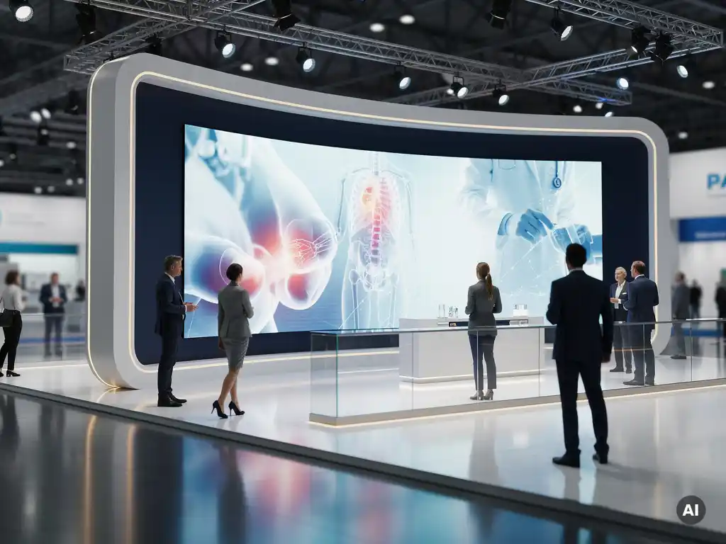 Messestand für Medizintechnik mit gebogener LED-Wand, blau-weißer Beleuchtung und Besuchern vor Healthcare-Visualisierungen.