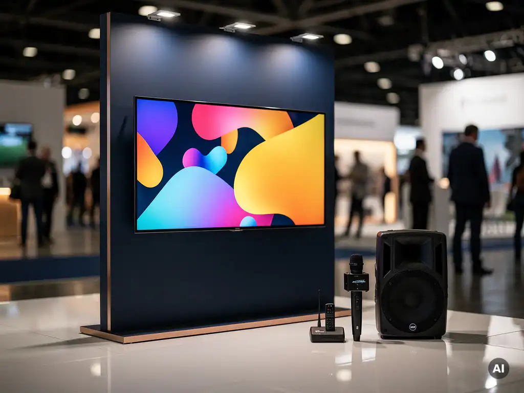 LED-Display-Panel an modernem Messestand mit Funkmikrofon und Lautsprechersystem auf poliertem Boden, verschwommene Messehalle im Hintergrund.