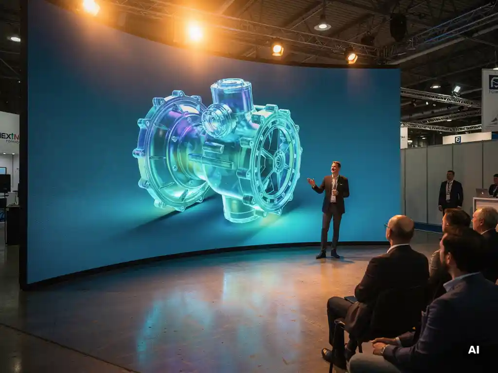 Moderator präsentiert 3D-Druck-Prototyp auf geschwungenem LED-Display an einem Messestand mit Betonboden und Ambientebeleuchtung.