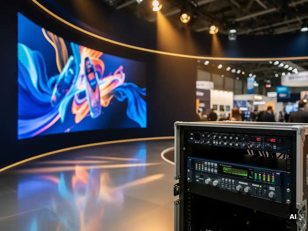 Geschwungene LED-Wand mit lebendigen Produktvisuals in einem modernen Messestand, beleuchtet von warmen Amber-Spots auf poliertem Ausstellungsboden.