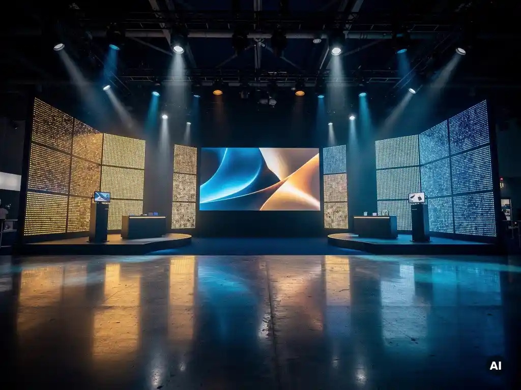 messe-stand-led-beleuchtung-cineastisch.jpg Messstand mit synchronisierten LED-Wänden in Blau und Amber, Bühnenbeleuchtung über Großformat-Display auf poliertem Betonboden.