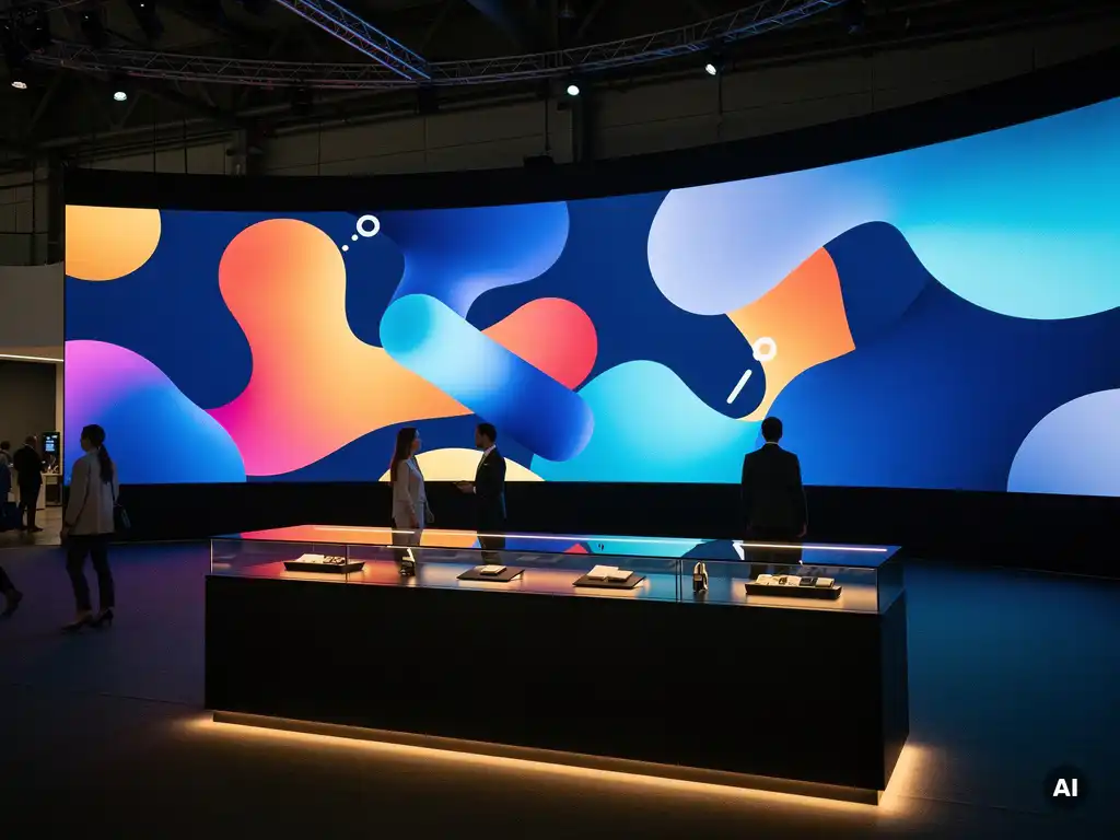 Geschwungene LED-Wand mit leuchtenden Produktvisualen dominiert einen modernen Messestand mit Theke im Vordergrund.