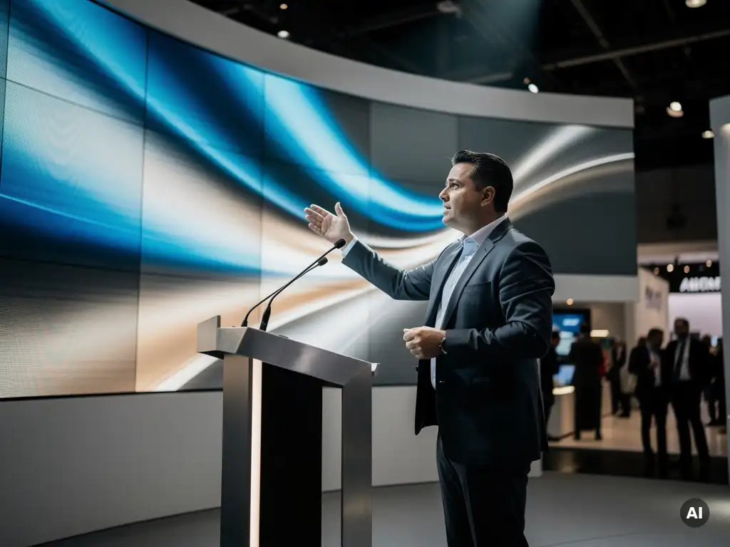 Selbstbewusster Präsentator an einem modernen Messestand mit geschwungenem LED-Display, beleuchtet von dramatischem Spotlight in einer Ausstellungshalle.