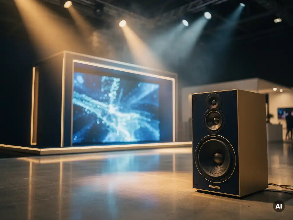 Moderner Messestand mit LED-Wänden in Blau und Amber, Betonboden, Spotlights mit Lichtstrahl und Premium-Lautsprecher im Vordergrund.