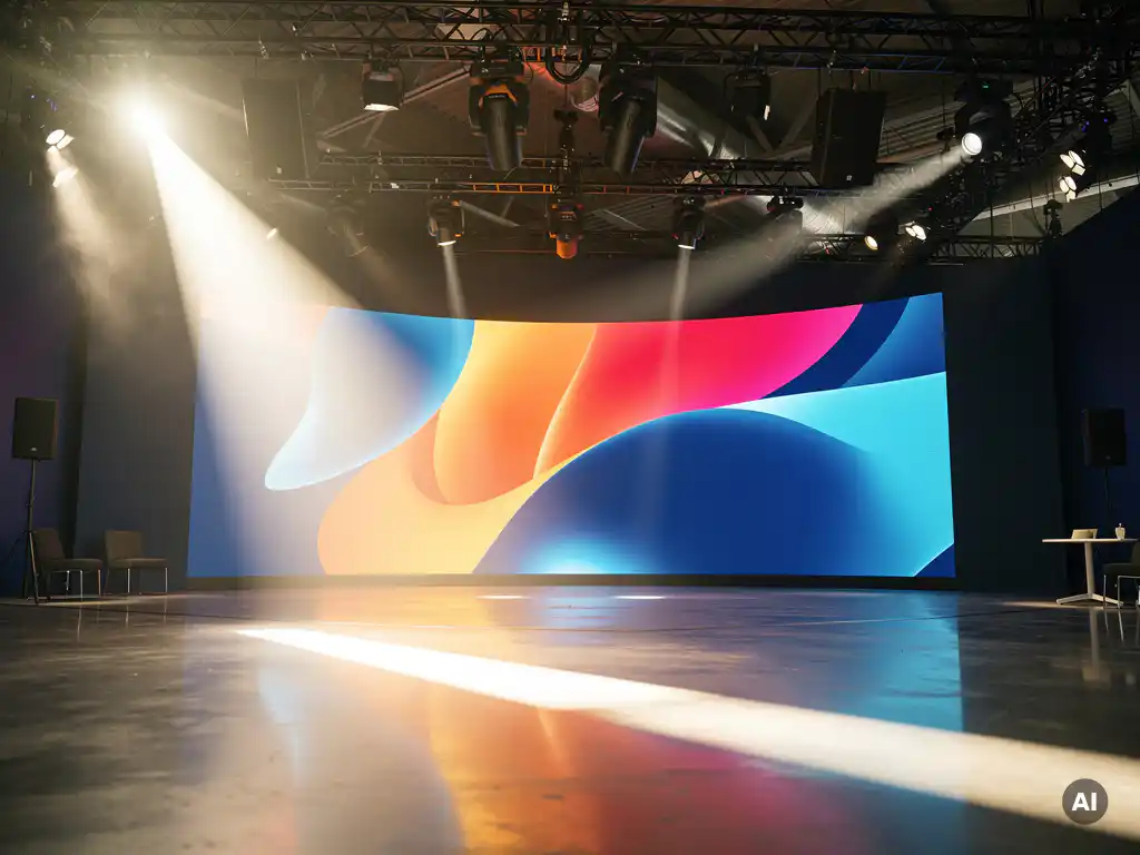 Weitläufiger Messestand mit geschwungener LED-Wand, dramatischem Spotlight auf Betonboden und atmosphärischem Lichtdunst in Blau- und Bernsteintönen.