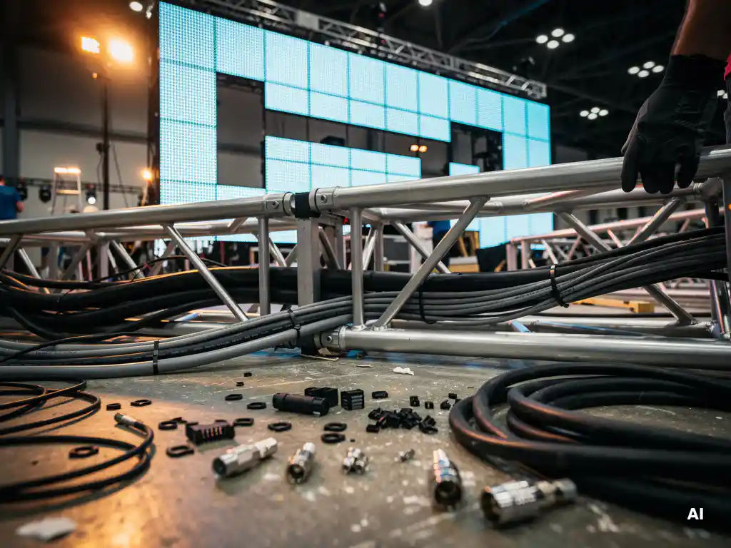 messestand-aufbau-kabel-led-truss.jpg Messebau im Aufbau: Stromkabel und Signalleitungen in Aluminium-Traversenstruktur, teilweise montierte LED-Wand im Hintergrund.