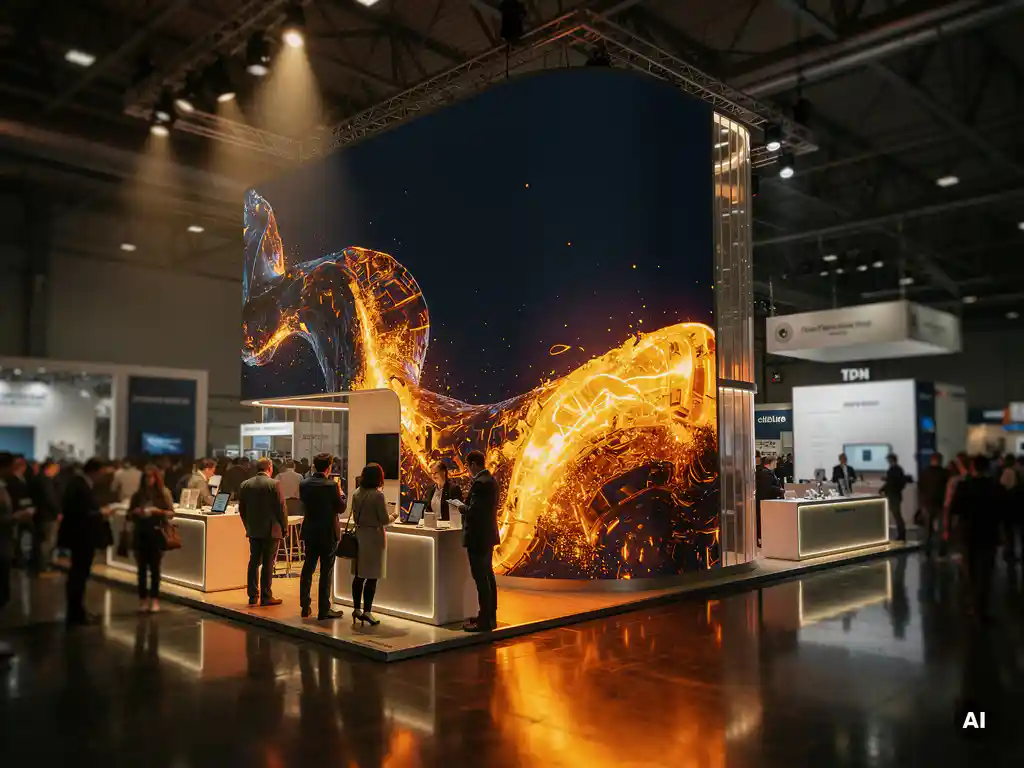 Kompakter Messestand mit geschwungener LED-Wand in Navy und Bernstein, 3D-Visuals, dramatische Beleuchtung auf Hochglanzböden.