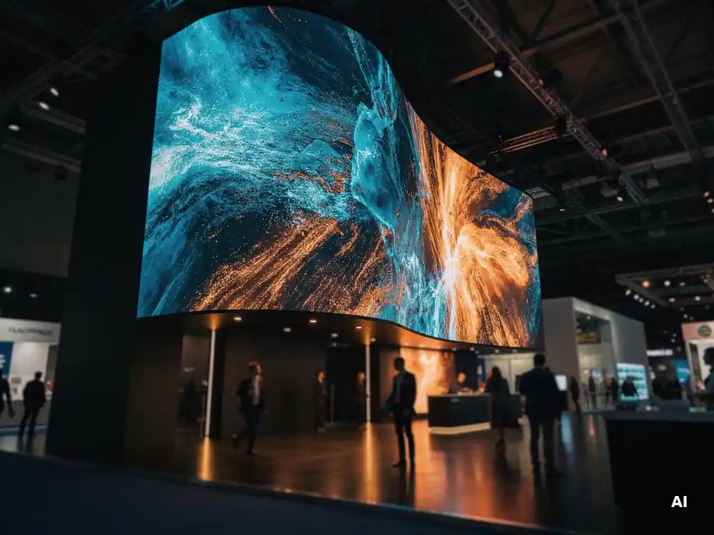 Geschwungene LED-Wand mit lebendigen abstrakten Visuals an einem beleuchteten Messestand in dunkler Kongresshalle.