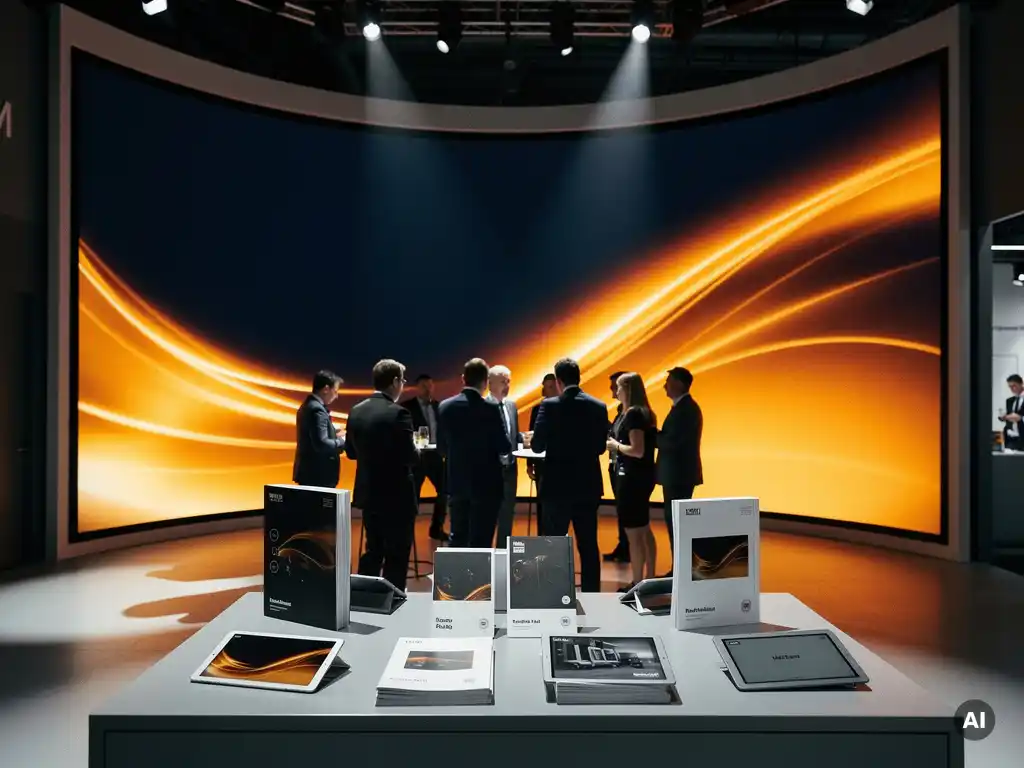 Geschwungene LED-Wand mit lebendigen Produktvisuals an einem modernen Messestand, umgeben von Besuchern in Businesskleidung.