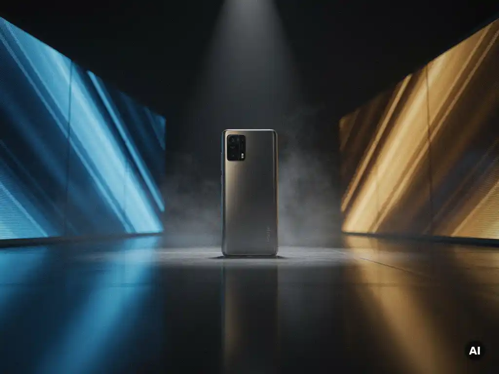 Beleuchtetes Produkt auf dunklem Messestand mit blauen und goldenen LED-Paneelen, atmosphärischem Dunst und kinematischer Tiefenschärfe.