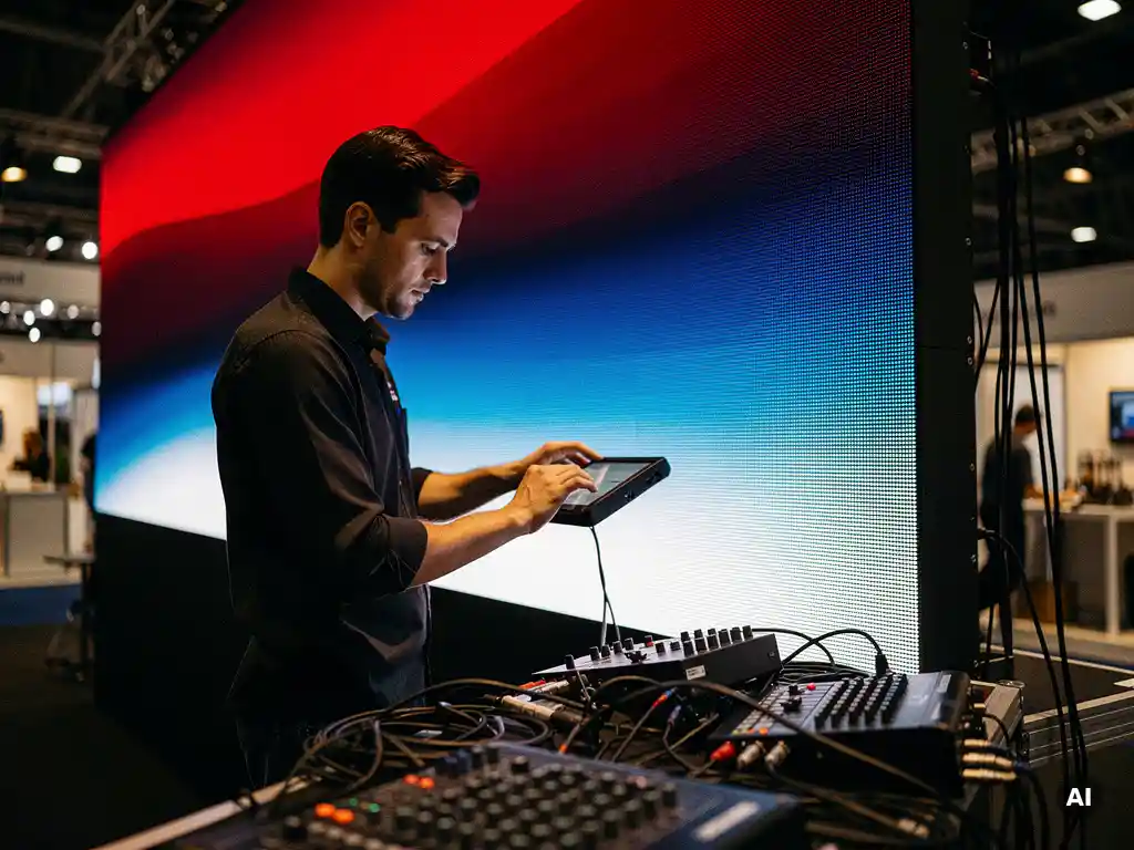 Techniker kalibriert eine große LED-Wand mit lebhaften Farbverläufen in Rot, Blau und Weiß backstage auf einer Fachmesse.
